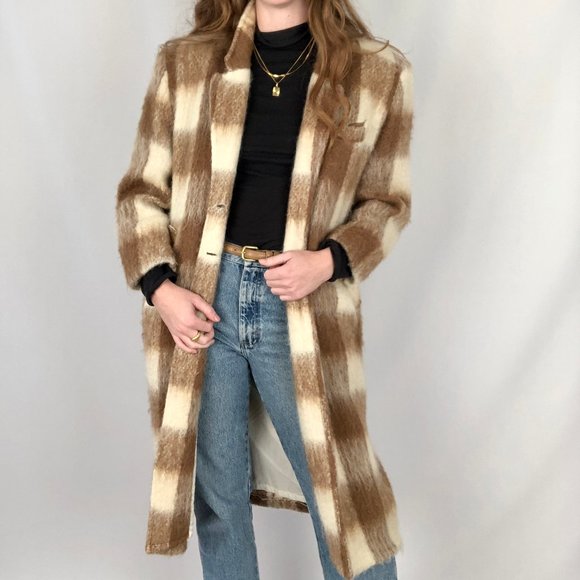 Stunning Vintage Plaid Mohair Wool Long Oversized Trench Shacket Jacket Pea Coat - Picture 3 of 10